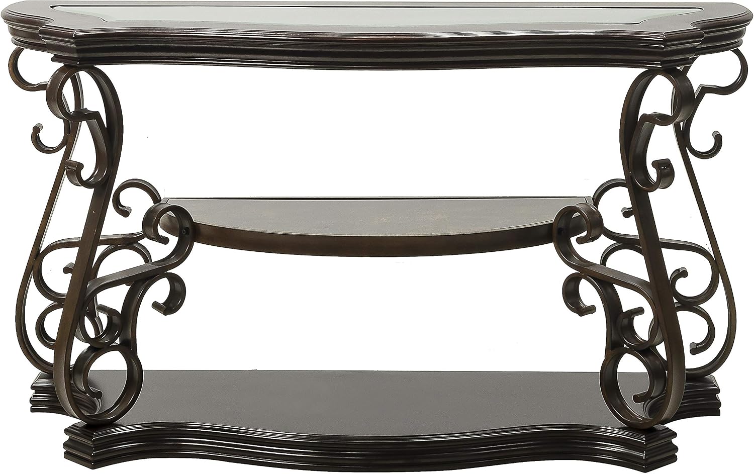 SSLine Vintage Wood Console Table Elegant Curved Rectangle Entryway Table with Tempered Glass Top & Marble Shelf Traditional 3-Tier Hallway Tables for Living Room Entrance(Dark Brown)