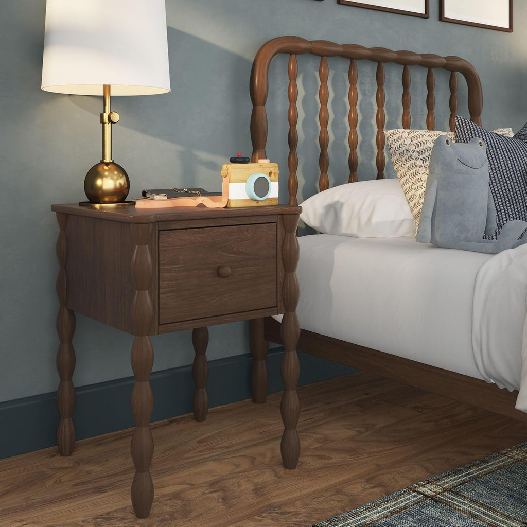 Max & Lily Jenny Kids Nightstand with 1 Drawer, Solid Pine Wood, Turned Spindle Legs, Low-VOC Finish, Vintage-Style Bedroom Side Table, Walnut