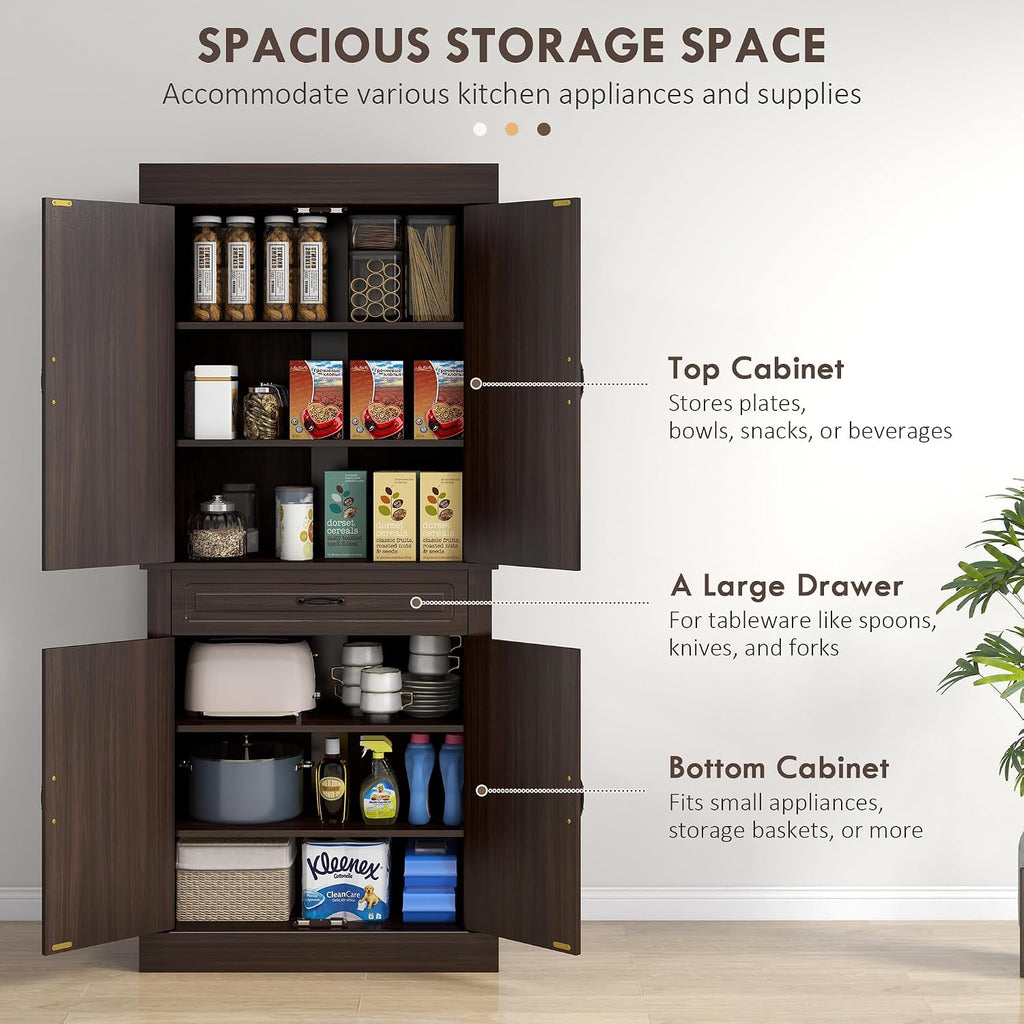 HOMCOM 71" Freestanding Kitchen Pantry Cabinet, Tall Storage Cabinet with 4 Doors and Drawer for Dining Room, Coffee