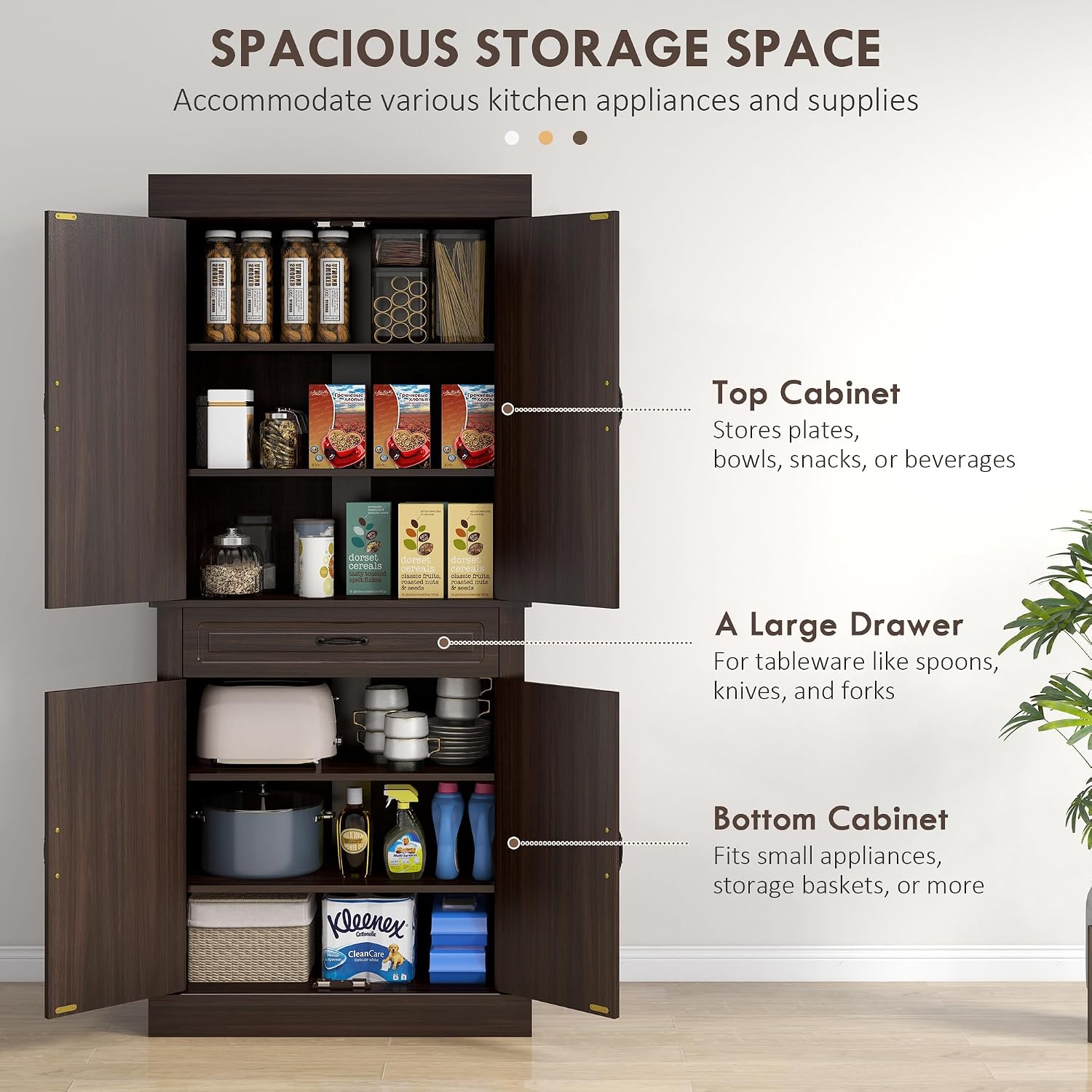 HOMCOM 71" Freestanding Kitchen Pantry Cabinet, Tall Storage Cabinet with 4 Doors and Drawer for Dining Room, Coffee