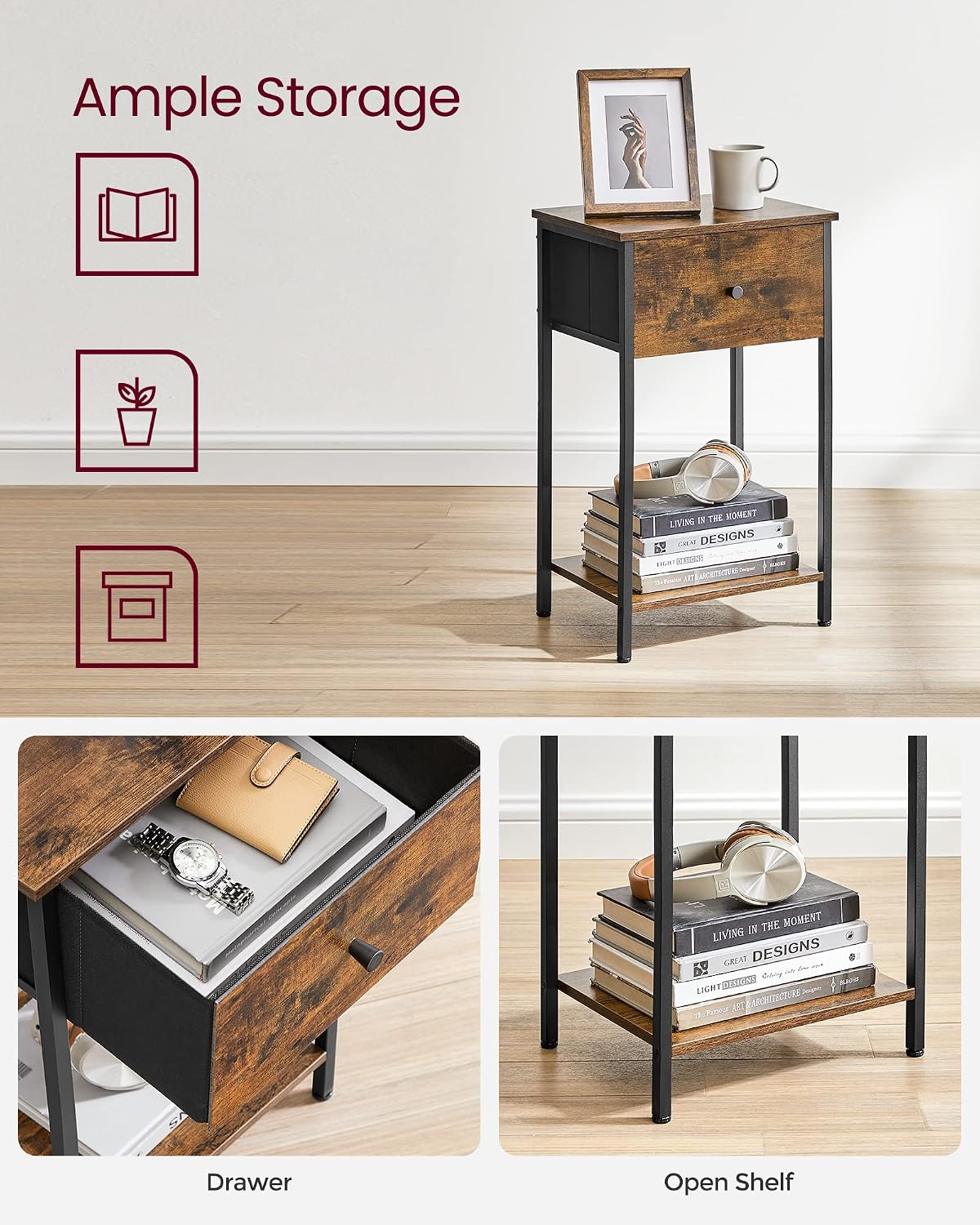 VASAGLE Nightstand, Side Table with Fabric Drawer, 24-Inch Tall End Table with Storage Shelf, Bedroom, Rustic Brown and Black ULGS021B01