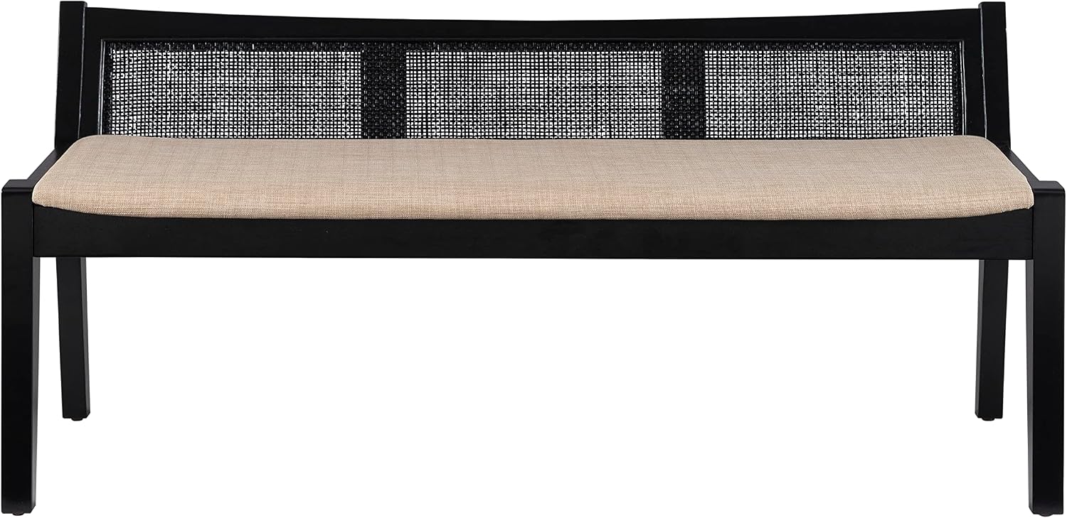 Powell Kasi Black Low Back Cane Bench with Beige Upholstered Seat