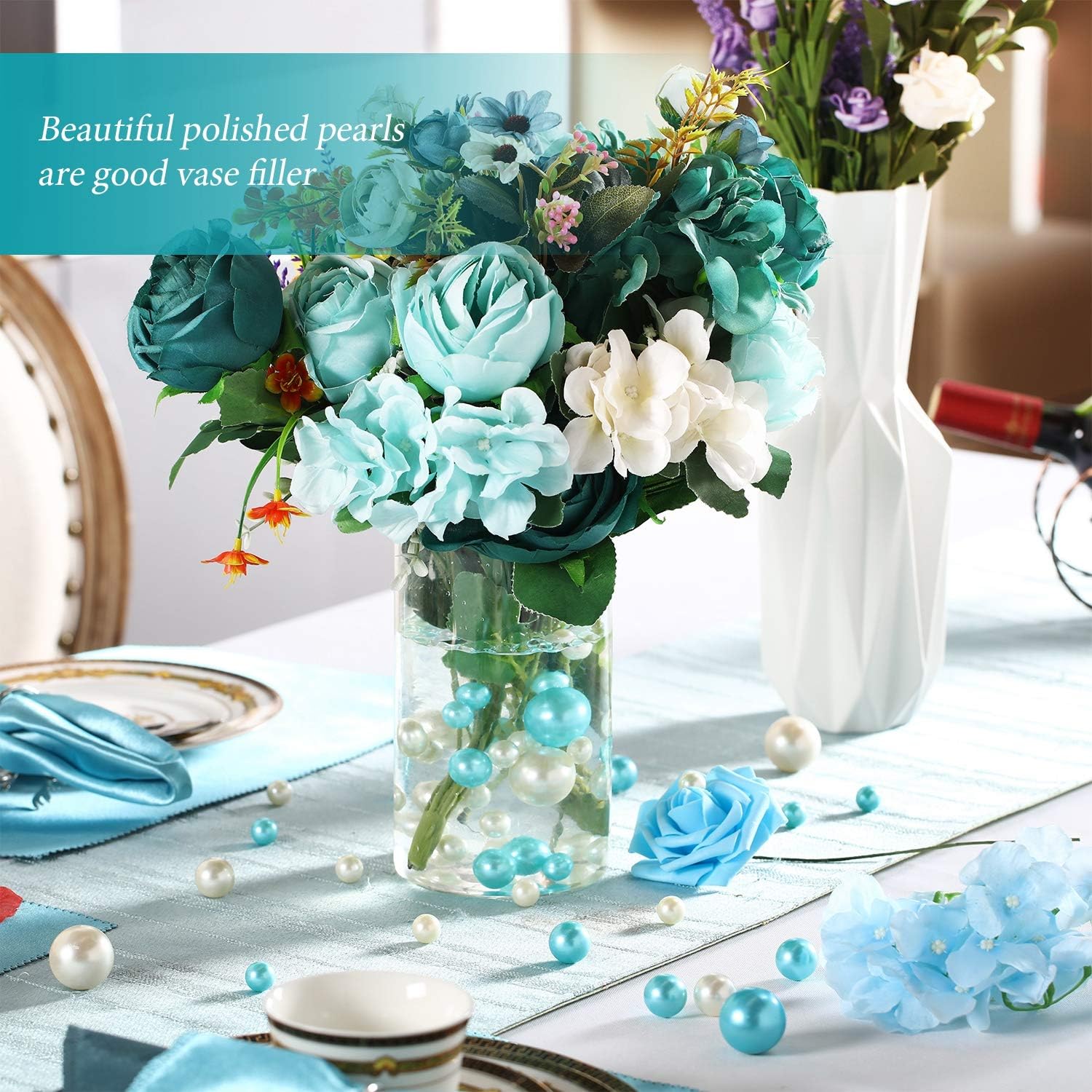 Hicarer 120 Pieces Vase Filler Pearls No Hole Floating Beads for Vase Centerpieces Brush Holder Round Faux Water Bead for DIY Home Wedding Table Party Decor, 14/20/30 mm(Creamy White, Turquoise)