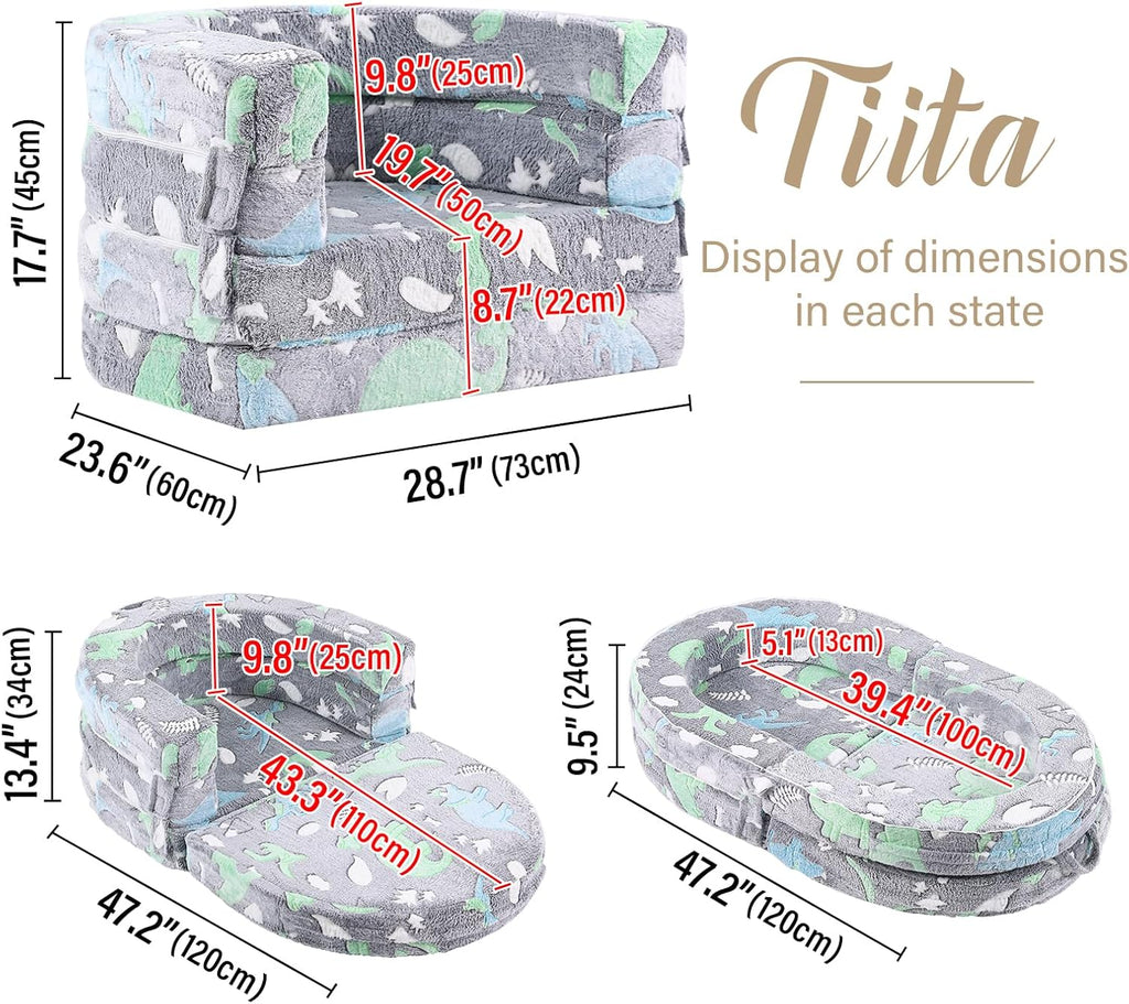 Tiita 3-in-1 Kids Sofa Bed, Comfy Couch Plush Toddler Chair Bed, Convertible Toddler Travel Beds, Folding Kids Couch with Washable Cover Carrying Handle for Girls and Boys