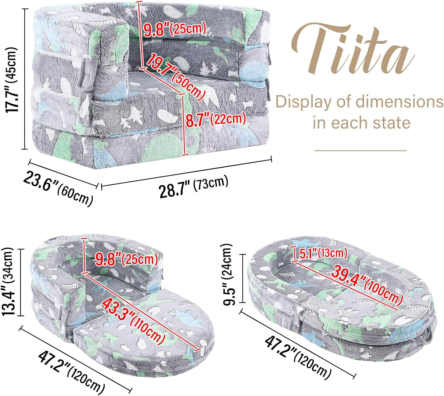 Tiita 3-in-1 Kids Sofa Bed, Comfy Couch Plush Toddler Chair Bed, Convertible Toddler Travel Beds, Folding Kids Couch with Washable Cover Carrying Handle for Girls and Boys