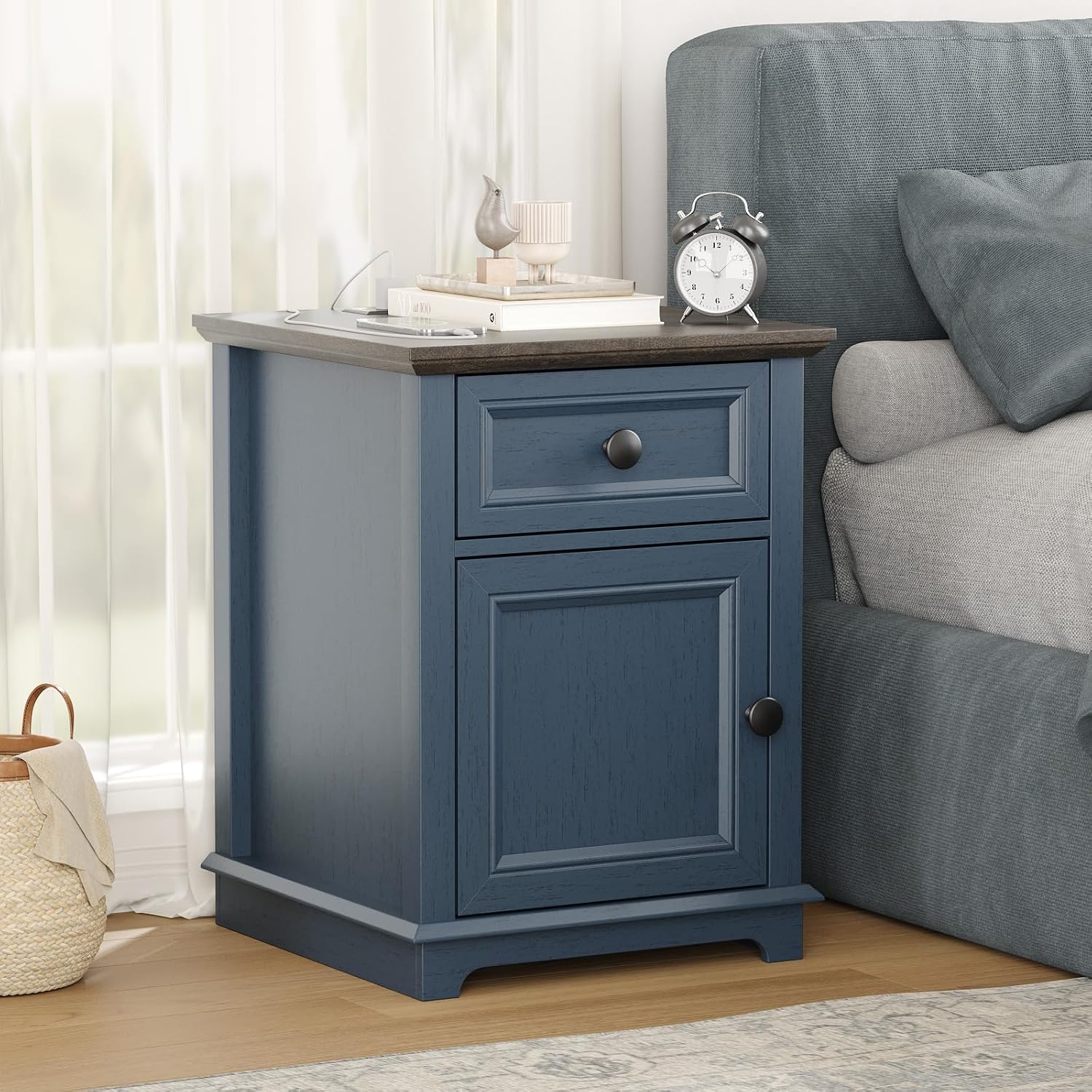 REDAYFUR 24" Tall End Table with Fast Charging Station, Square Side Table with Drawer & Large Storage Cabinet, Vintage Wooden Table for Living Room/Bedroom, Blue