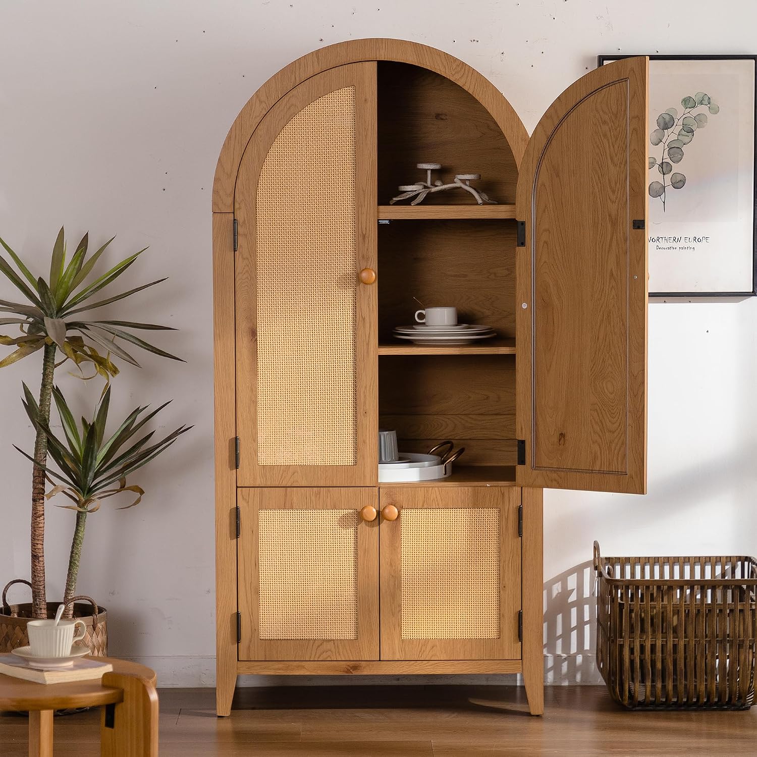 Kitchen Pantry Cabinet, Wooden Sideboard with Rattan Doors, Snacks Wine Accent Hutch Cabinet for Entryway Dining Room, Brown