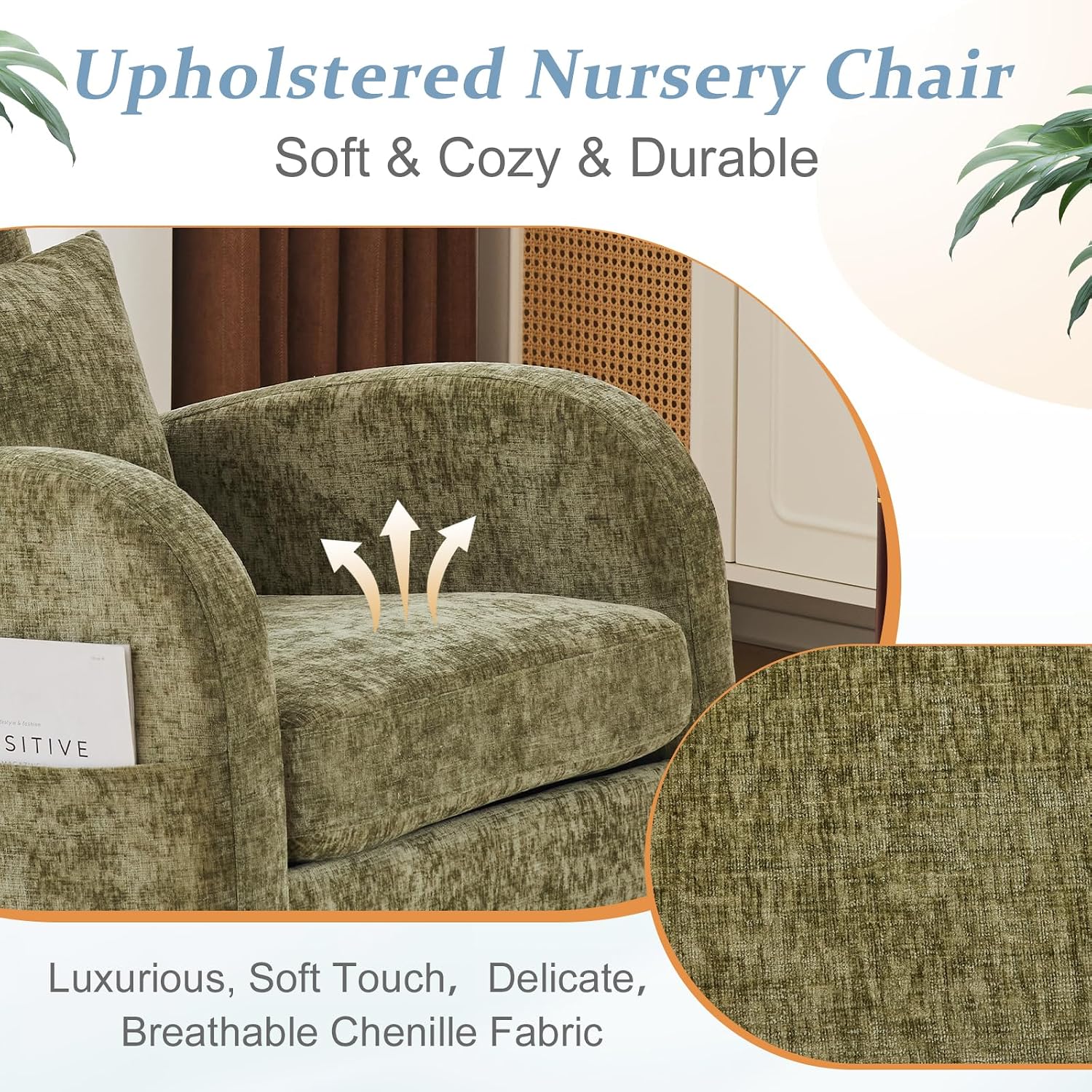 VINGLI Chenille Low Seat Rocking Chair,Upholstered Nursery Glider Chair with Side Pockets,Accent Arm Chair with High Backrest,Comfy Head Rest,Solid Wood,for Living Room Bedroom Balcony,Olive Green