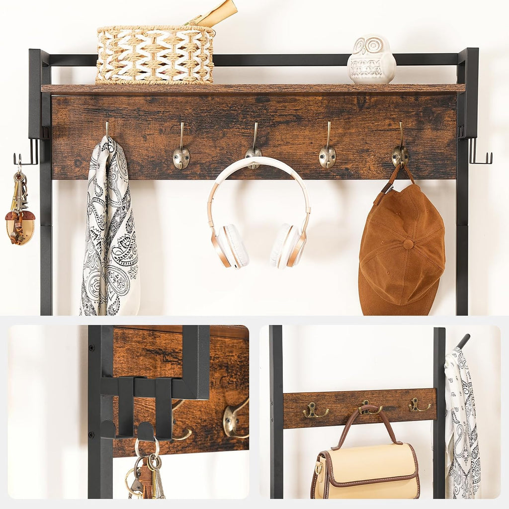 HOOBRO Hall Tree with Bench, Entryway Bench with Coat Rack, Shoe and Coat Rack for Entryway, Coat Rack with Shoe Storage and Reversible Storage Shelves, Rustic Brown BF105MT01