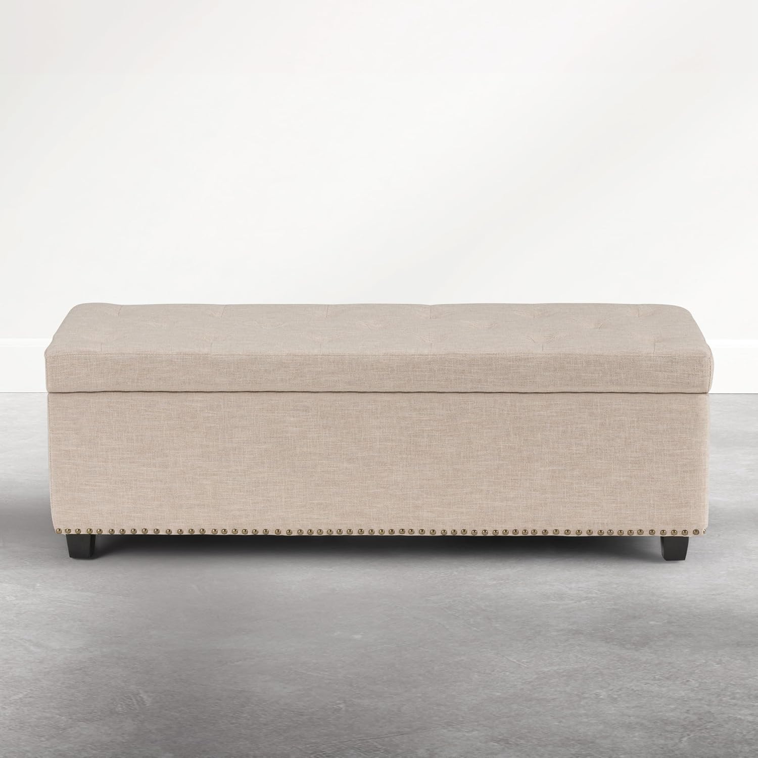 SIMPLIHOME Hamilton Storage Ottoman - 48 in Wide Upholstered Linen Look Fabric Rectangle Storage Ottoman Bench in Natural Beige, Traditional Tufted Ottoman for Living Room or Entryway with Lift-Up Lid