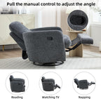 CANMOV Swivel Rocker Recliner, Manual Recliner Chair for Adults, Nursery Glider Rocking Chair with 2 Bolster Pillows and Hidden Storage, Dark Grey