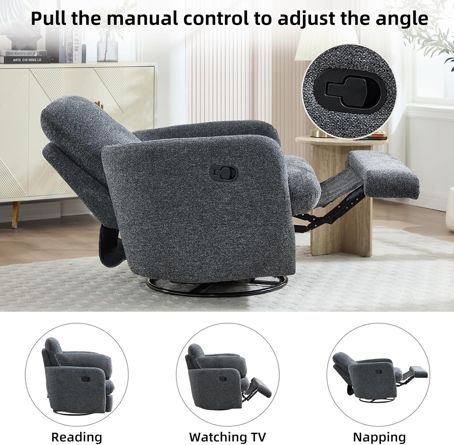 CANMOV Swivel Rocker Recliner, Manual Recliner Chair for Adults, Nursery Glider Rocking Chair with 2 Bolster Pillows and Hidden Storage, Dark Grey