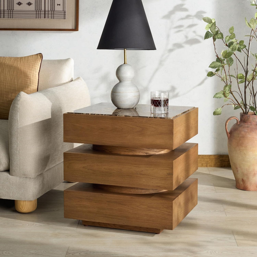 SAFAVIEH Couture Collection – Shayrina Walnut & Dark Brown Marble Accent Table, Sculptural Wood Base Side Table (SFV9765B)