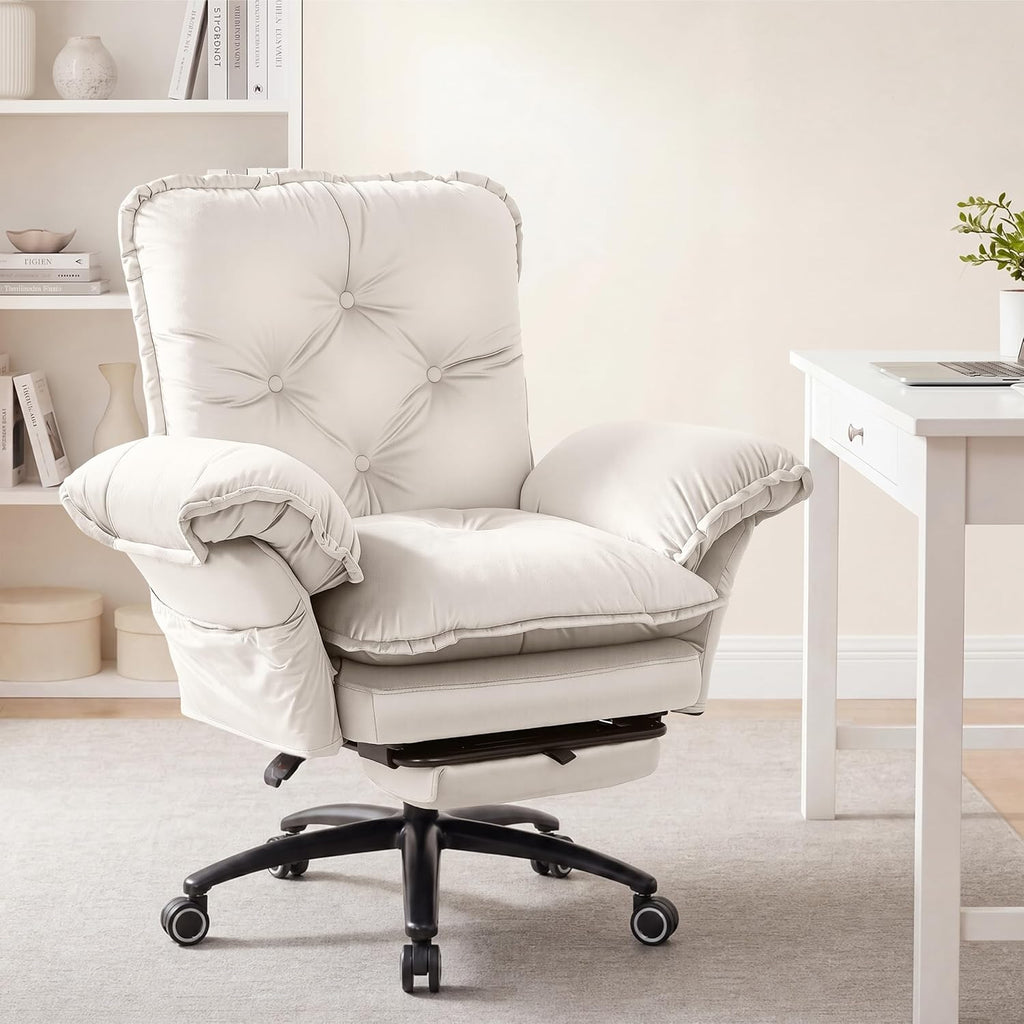 FiveWillowise Criss Cross Chair with Adjustable Arms and Foot Rest, Wide Seat Reclining Office Chair with Wheels, Makeup Vanity Chair with Side Pockets, Comfy Velvet Cross Legged Desk Chair, Beige