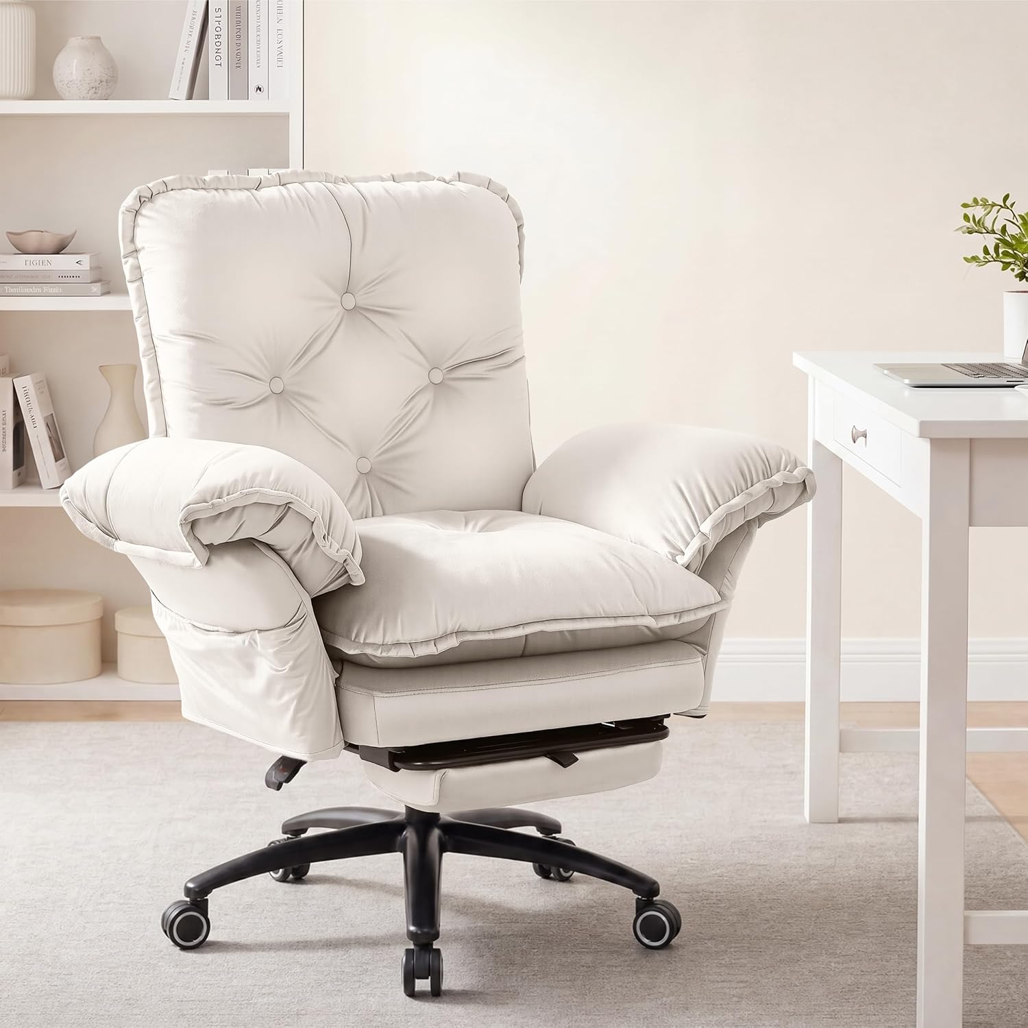 FiveWillowise Criss Cross Chair with Adjustable Arms and Foot Rest, Wide Seat Reclining Office Chair with Wheels, Makeup Vanity Chair with Side Pockets, Comfy Velvet Cross Legged Desk Chair, Beige