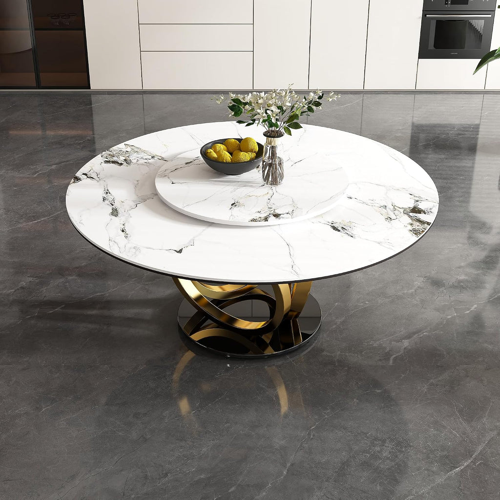 Leavader 59" Round Sintered Stone Dining Table with 31.5" Detachable Turntable Design, Modern White Artificial Dining Room Table for 6-8 (White & Golden 2)
