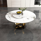 Montary 53” Modern Round Dining Table for 4-8 Seat, Artificial Marble Dining Room Table with Lazy Susan, 3 Gold Circles Stainless Steel Base, Sintered Stone Top Dining Table (Only Table)