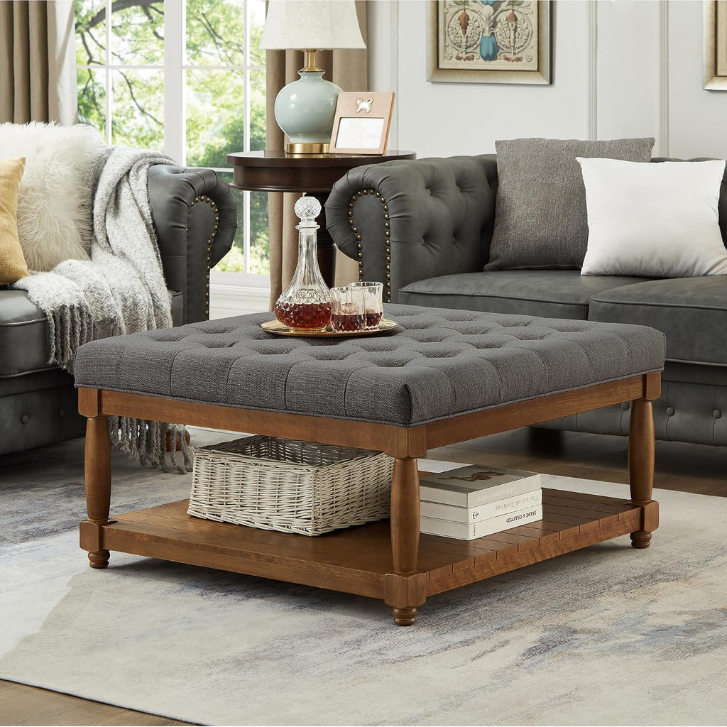 24KF Upholstered Square Coffee Table with Wooden Shelf, Tufted Button Large Square Ottoman with Spindle Wooden Legs, Linen Large Footrest Ottoman Pouf for Living Room, 5097-Granite