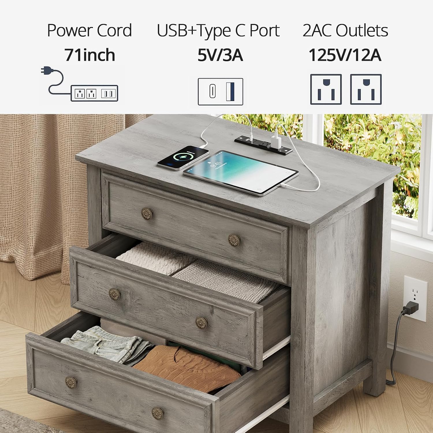 LGHM Set of 2 Large Nightstand with Charger Station, 27" W Night Stand with 3 Large Drawers, Accent Small Dresser Bed Side Table, Stable Thick Wood Legs, Timeless Look,Gray