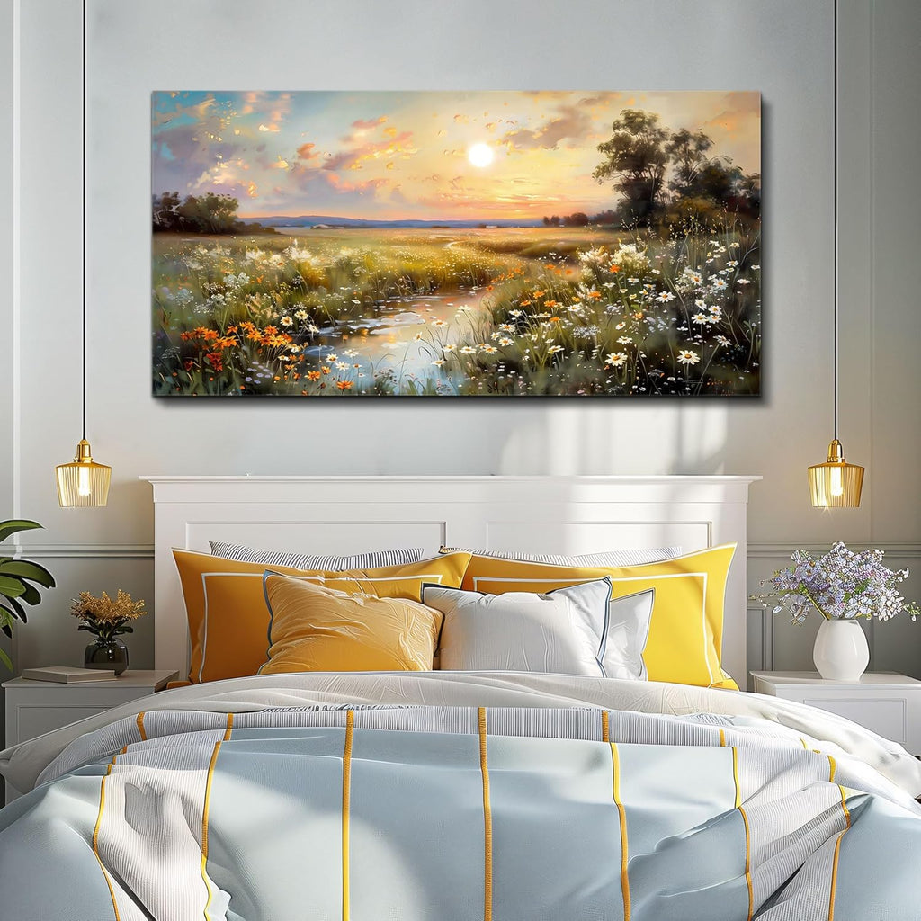 hyidecorart Canvas Wall Art For Living Room Wall Decor For Bedroom Office Decorations Vintage Farmhouse Wildflower Wall Paintings Nature Landscape Picture Artwork Aesthetic Home Decor Ready To Hang
