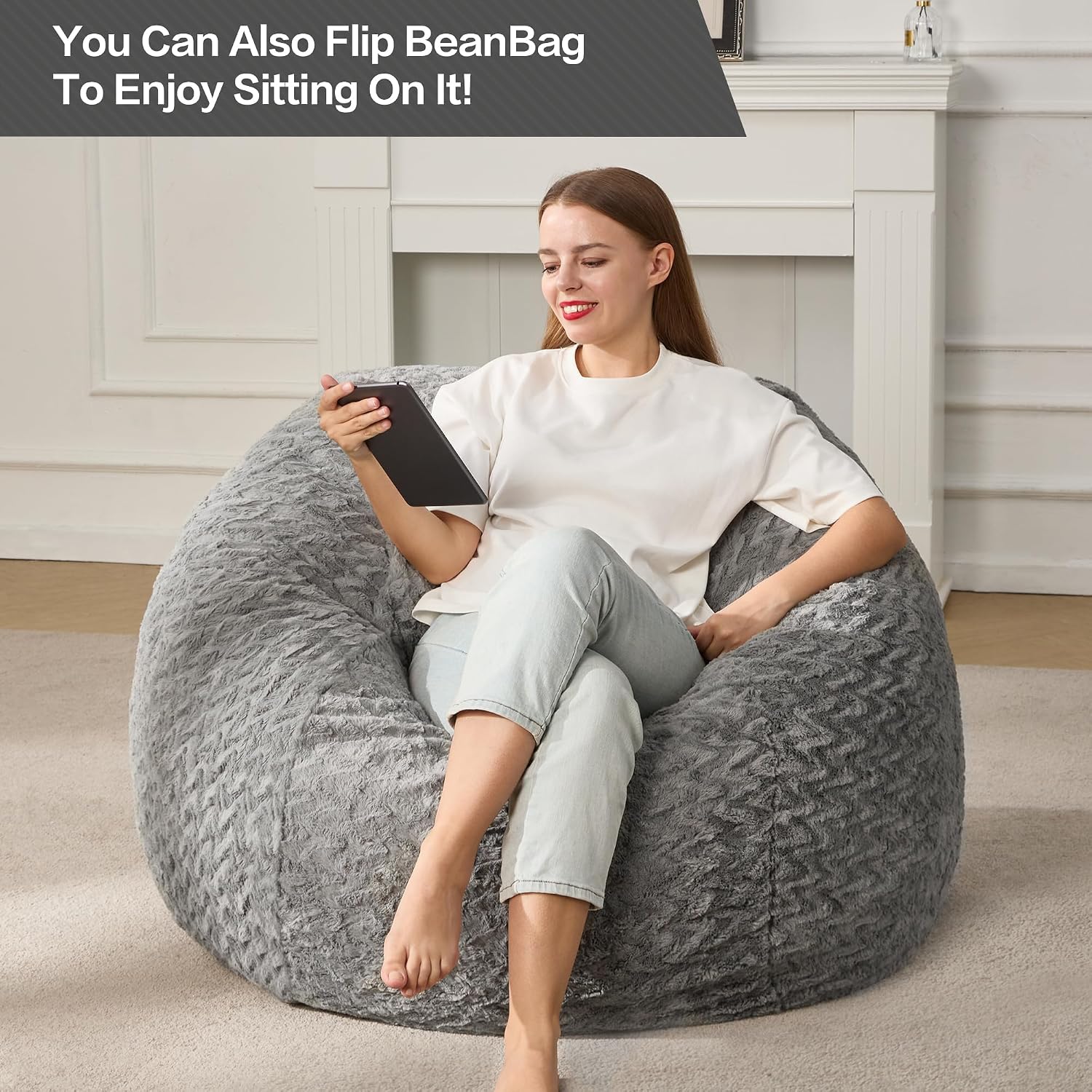 Hobestluk Bean Bag Chair Large Washable Soft Living Room Adult 3Ft Grey | No Assembly Required Memory Foam Filling Machine Washable Cover Bedroom Dorm Reading Gaming Fluffy Plush Faux Fur Fabric
