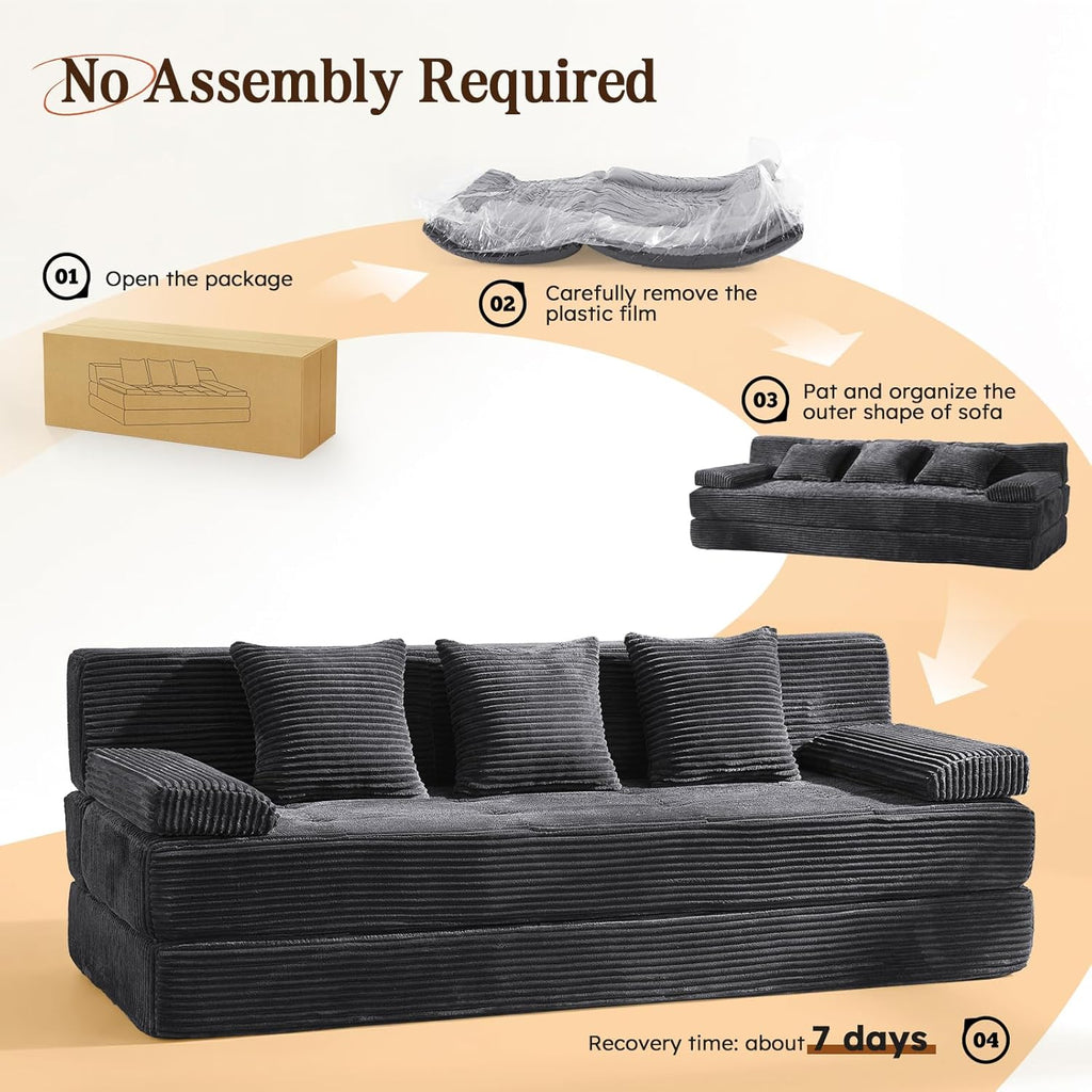 78.7IN Folding Sofa Bed - Convertible Sleeper Sofa Couch with Zippered Pillows, 3 Seater Couches Bed for Living Room, Bedroom, Apartment, No Assembly Required, Freestanding, Corduroy, Gray