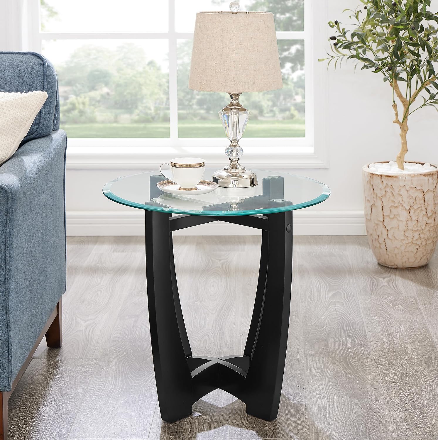 Round End Table with Clear Tempered Glass Top, Black Wood Base, 23.5 Inch, Contemporary Side Table for Living Room