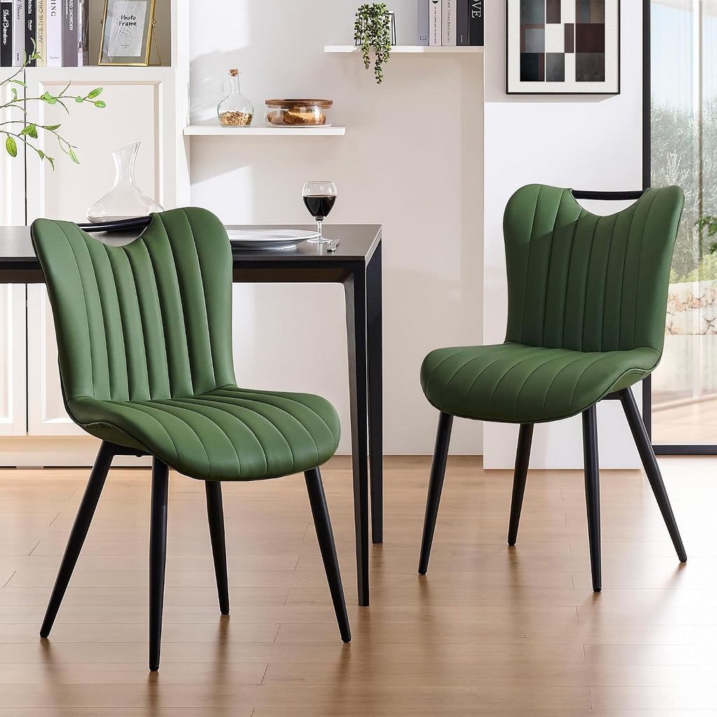 Leather Upholstered Dining Chairs Set of 2, Mid-Century Modern Kitchen Dining Room Chairs with Black Metal Legs, Armless Faux Leather Accent Dinner Chairs Kitchen Side Chairs, Green