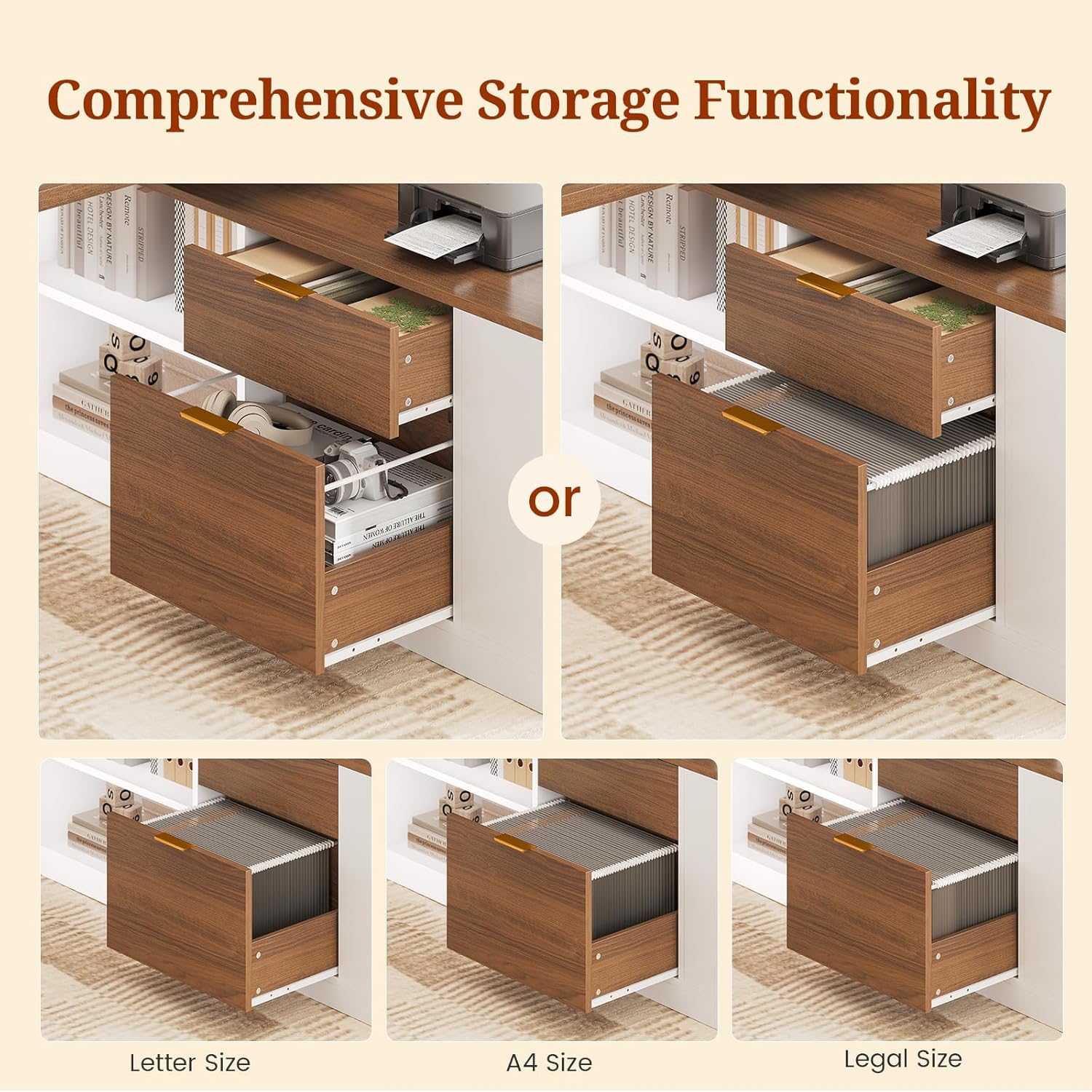 UPOSOJA L Shaped Standing Desk Adjustable Height, 53" Electric Office Desk with File Drawers & Storage Shelves, Sit Stand Corner Computer Desk with Power Outlets, Pegboard, 6 Hooks, White& Walnut