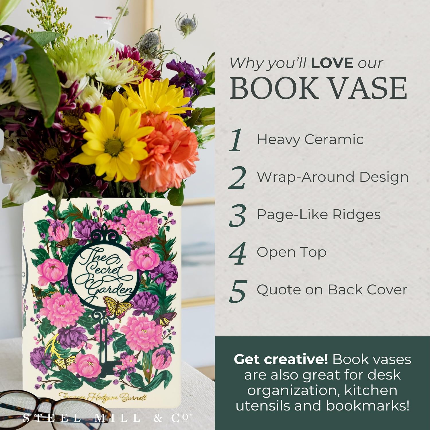 Steel Mill & Co Original Large Book-Shaped Decorative Vase, Ceramic Vases for Home Decor, Cute Bookshelf Decor, Unique Vase for Book Lovers (The Secret Garden - Collector's Edition)