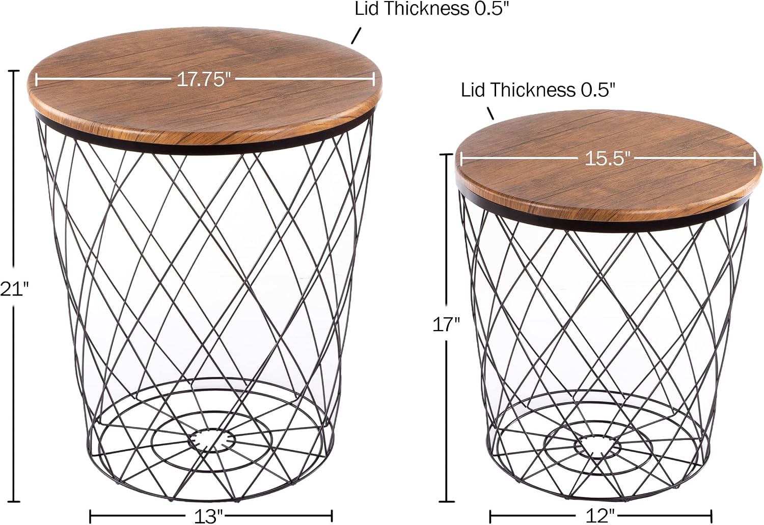 Lavish Home End Tables - Round Nesting Tables Set of 2, Brown Woodgrain | 17.5”/15.5” Side Tables with Removable Wood Tops & Metal Basket Bases for Blanket Storage, Living Room, Bedroom & Home Office