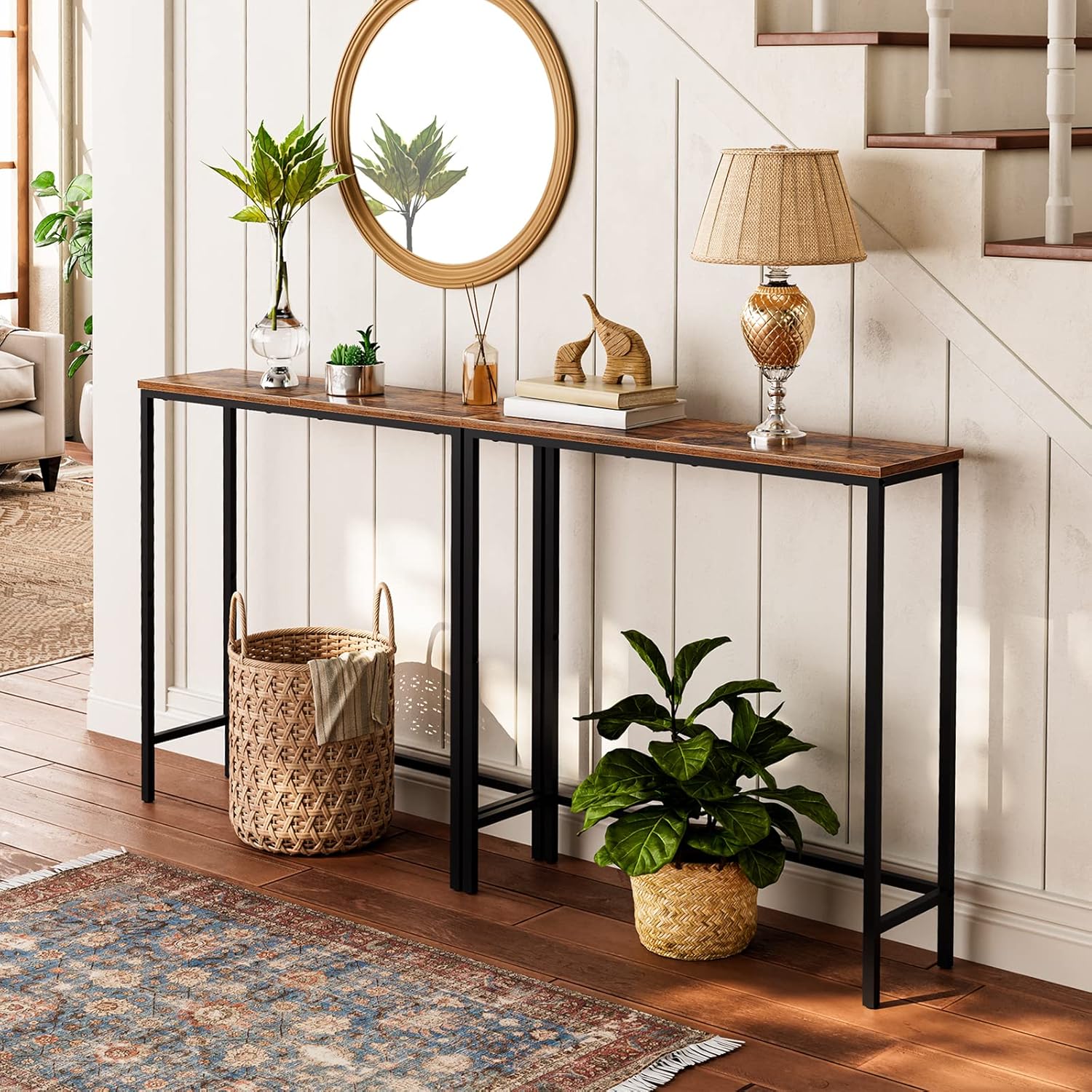 HOOBRO Narrow Console Table, 29.5" Small Entryway Table, Thin Sofa Side Display Table, for Hallway, Bedroom, Living Room, Foyer, Rustic Brown and Black BF75XG01