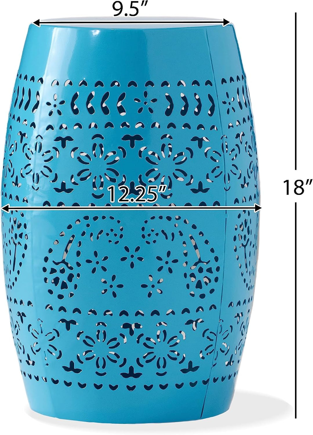 12.25" Side Table, Lace Cut Metal End Table for Outdoor & Indoor Use, Barrel Shape Accent Table for Garden, Patio, Living Room, Backyard Decor,No Assembly Needed,Blue