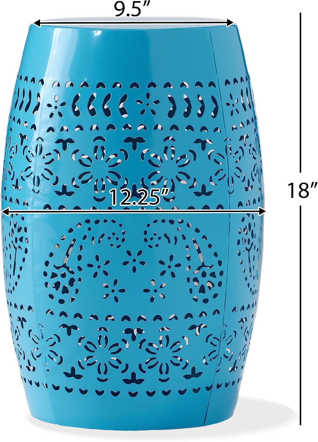 12.25" Side Table, Lace Cut Metal End Table for Outdoor & Indoor Use, Barrel Shape Accent Table for Garden, Patio, Living Room, Backyard Decor,No Assembly Needed,Blue
