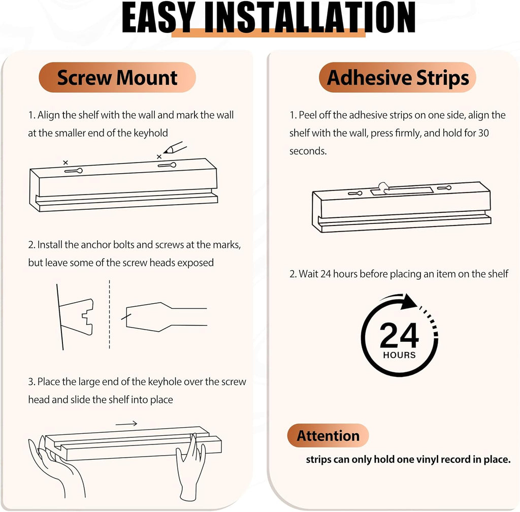 Vinyl Wall Display No Drill with 2 Mount Options(Adhesive & Screws), 4 Pack Walnut Wood Vinyl Wall Mount, Record Shelf, Record Holder Wall, Album Display Shelves, Floating Shelf for Album, LP, CD
