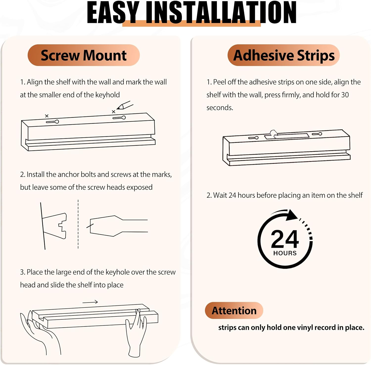 Vinyl Wall Display No Drill with 2 Mount Options(Adhesive & Screws), 4 Pack Walnut Wood Vinyl Wall Mount, Record Shelf, Record Holder Wall, Album Display Shelves, Floating Shelf for Album, LP, CD