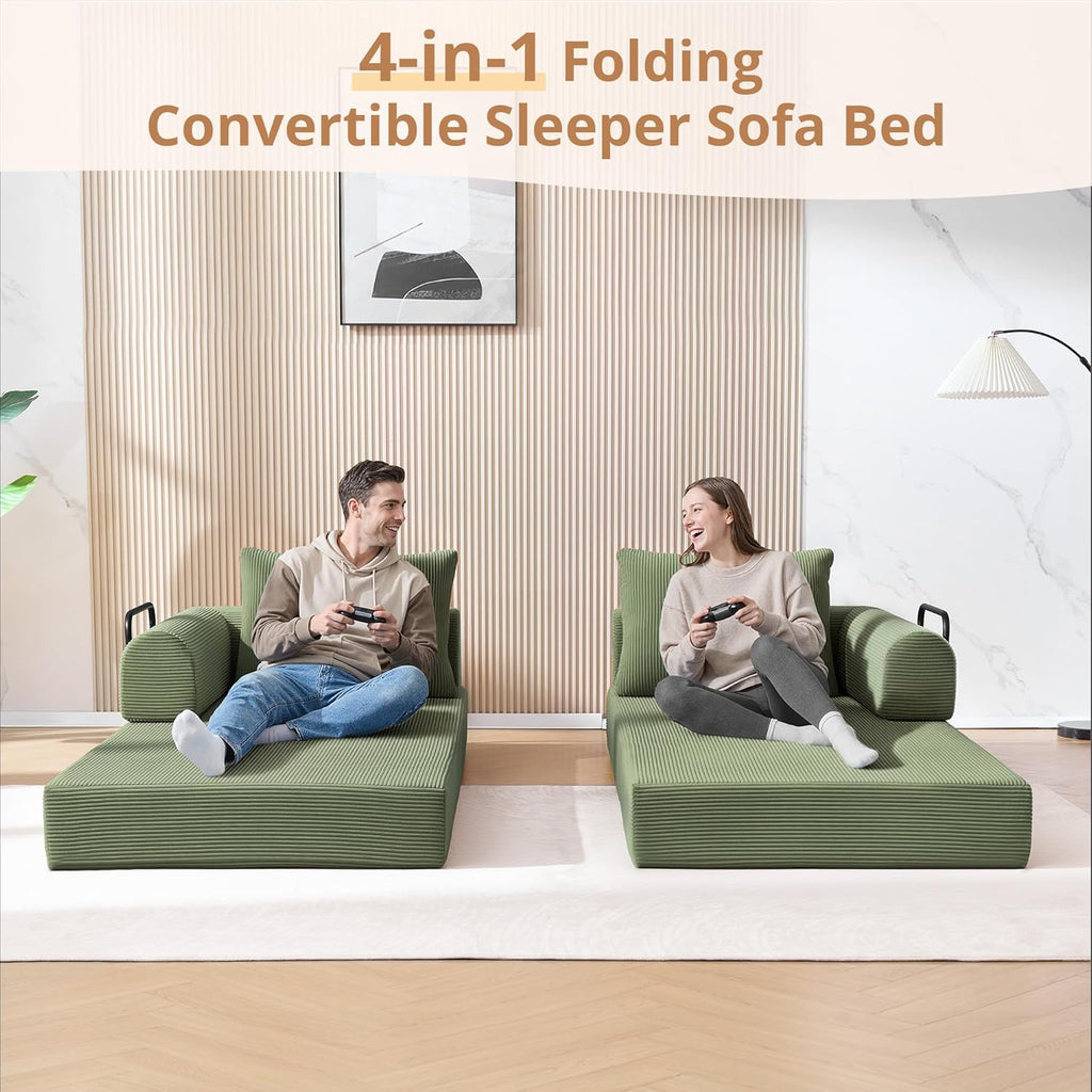 4-in-1 Folding Convertible Sofa Bed, 78 Inch Oversized Corduroy Loveseat Sleeper with Pull Out Bed, Boneless Futon Couch for Living Room Bedroom, No Assembly Needed, Olive Green