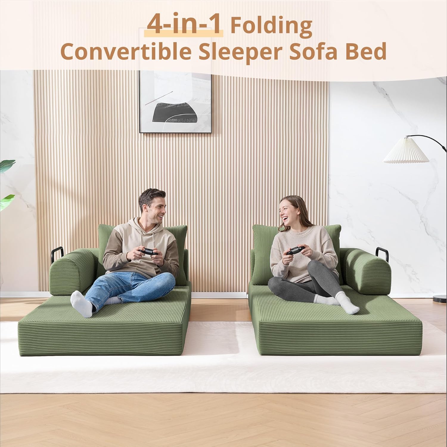 4-in-1 Folding Convertible Sofa Bed, 78 Inch Oversized Corduroy Loveseat Sleeper with Pull Out Bed, Boneless Futon Couch for Living Room Bedroom, No Assembly Needed, Olive Green