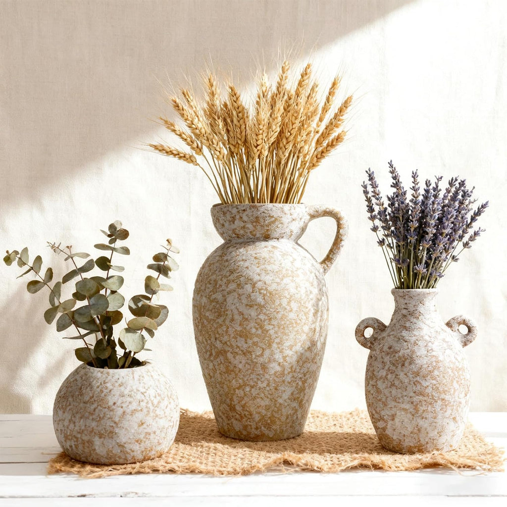 Modern Rustic Farmhouse Ceramic Vase Set of 3, Handmade Speckled Pottery Vases for Table Decor, Small Decorative Vase Centerpiece for Living Room, Mantel & Shelf Styling