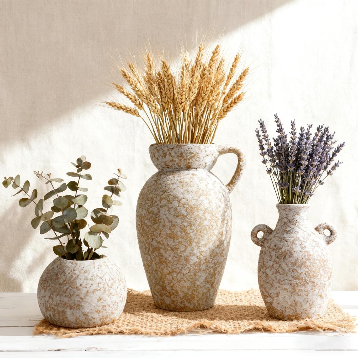 Modern Rustic Farmhouse Ceramic Vase Set of 3, Handmade Speckled Pottery Vases for Table Decor, Small Decorative Vase Centerpiece for Living Room, Mantel & Shelf Styling