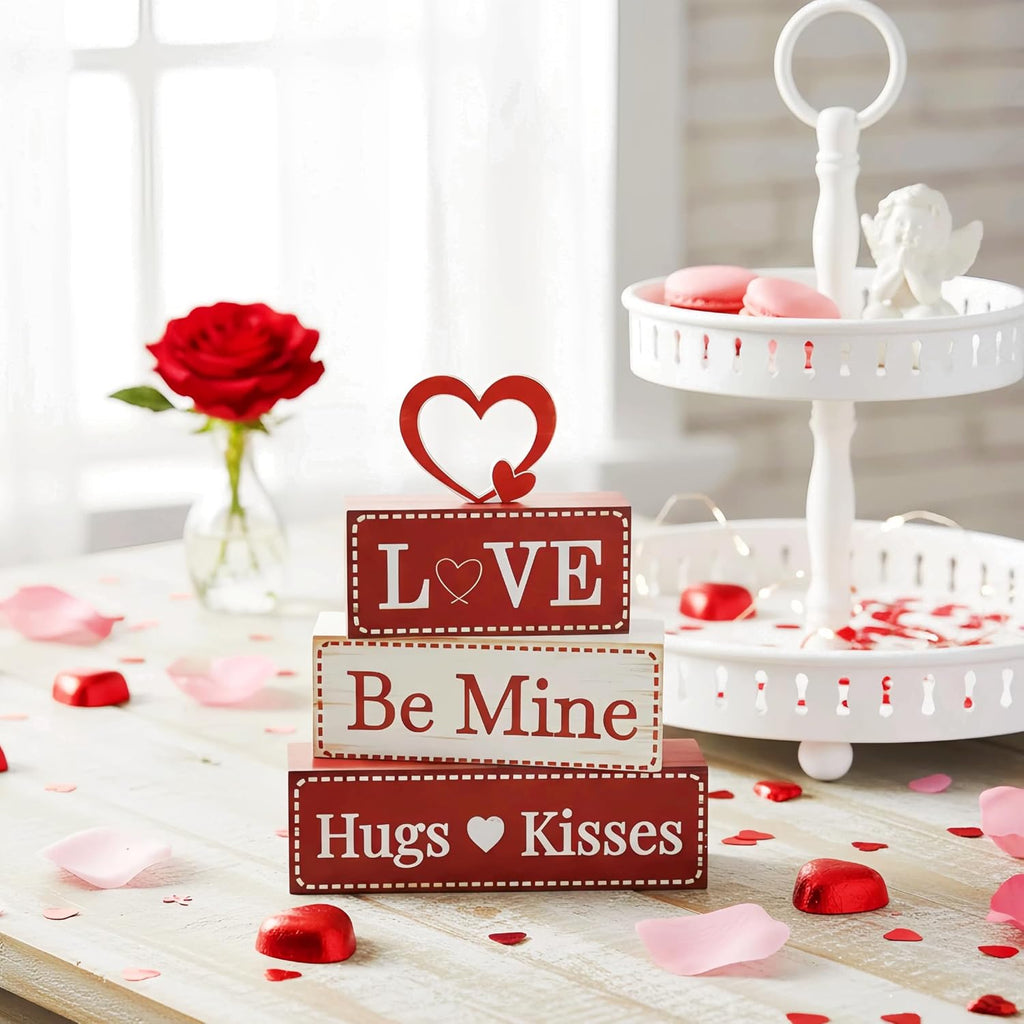 4 Pcs Valentine's Day Decorations, Wooden Valentines Decor for Home Table with Stacked Blocks & Heart Accent, Galentines Day Deco for Tiered Tray Farmhouse Shelf Mantle Home Office