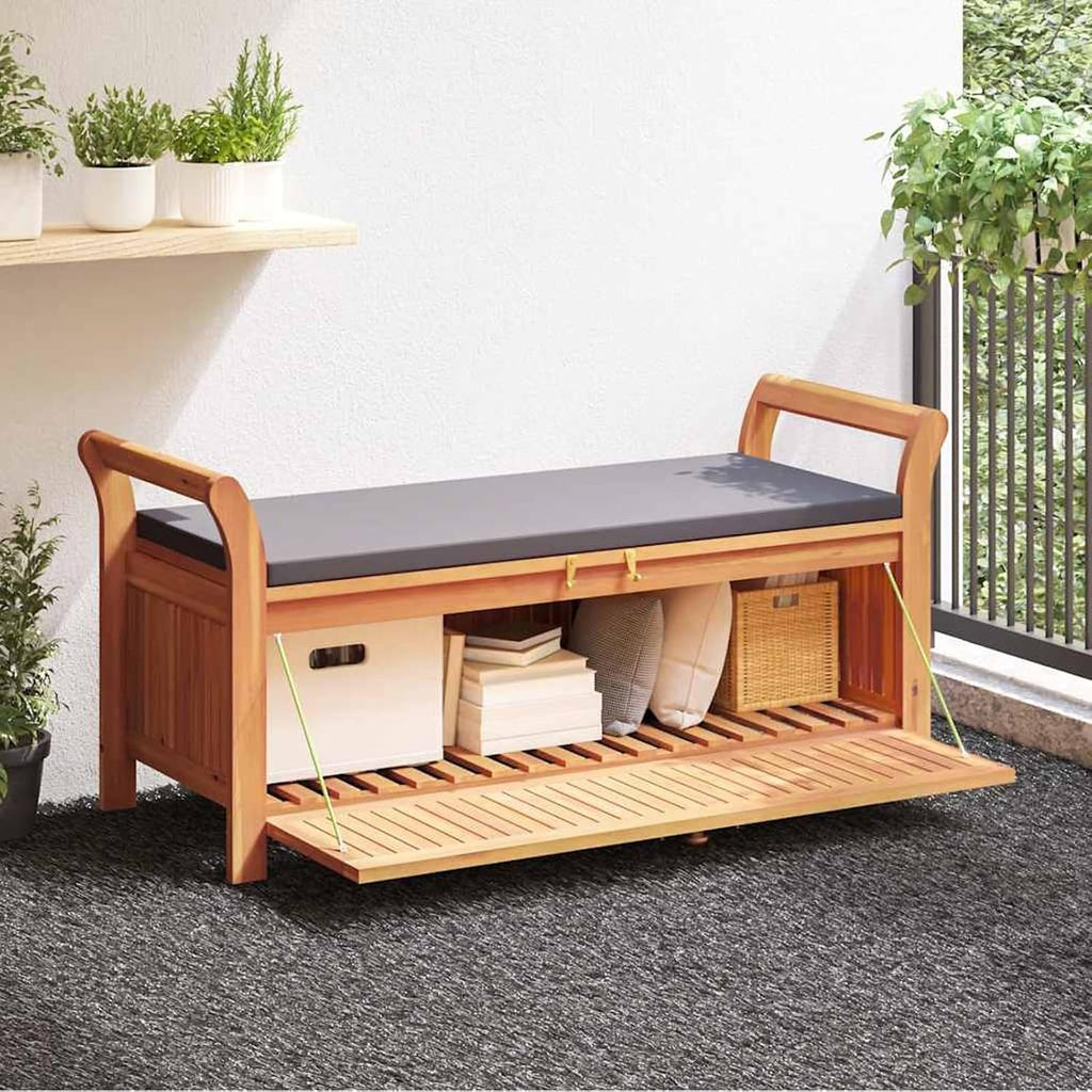 Gecheer Garden Storage Bench with Cushion – 126 cm Solid Acacia Wood Outdoor Bench with Ample Storage Space and Dark Grey Foam Seat