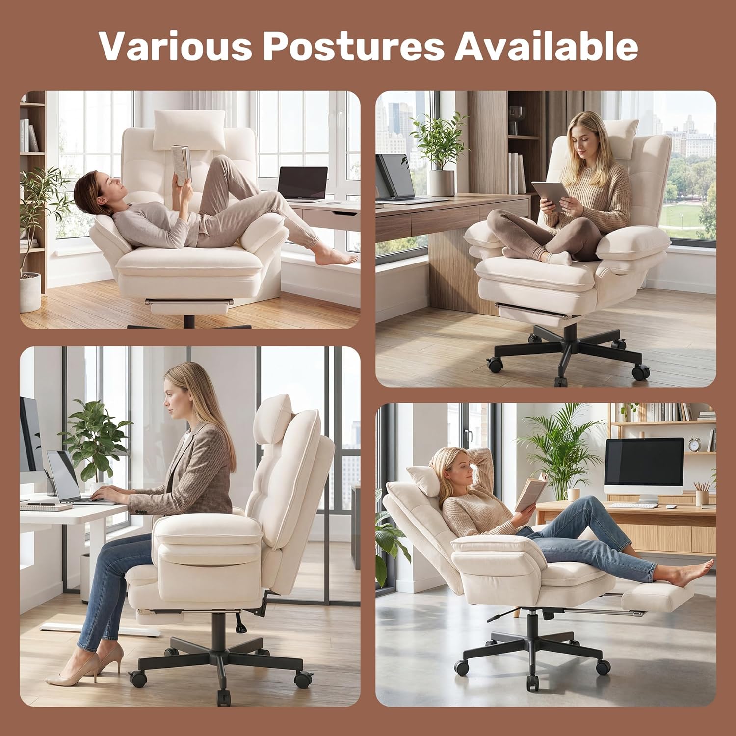 Criss Cross Office Chair with Foot Rest, Big and Tall Criss Cross Chair with Flip-Up Arms and Headrest, 135° Reclining Swivel Velvet Cross Legged Office Chair with Wheels, Cloud Chair for Home (Beige)