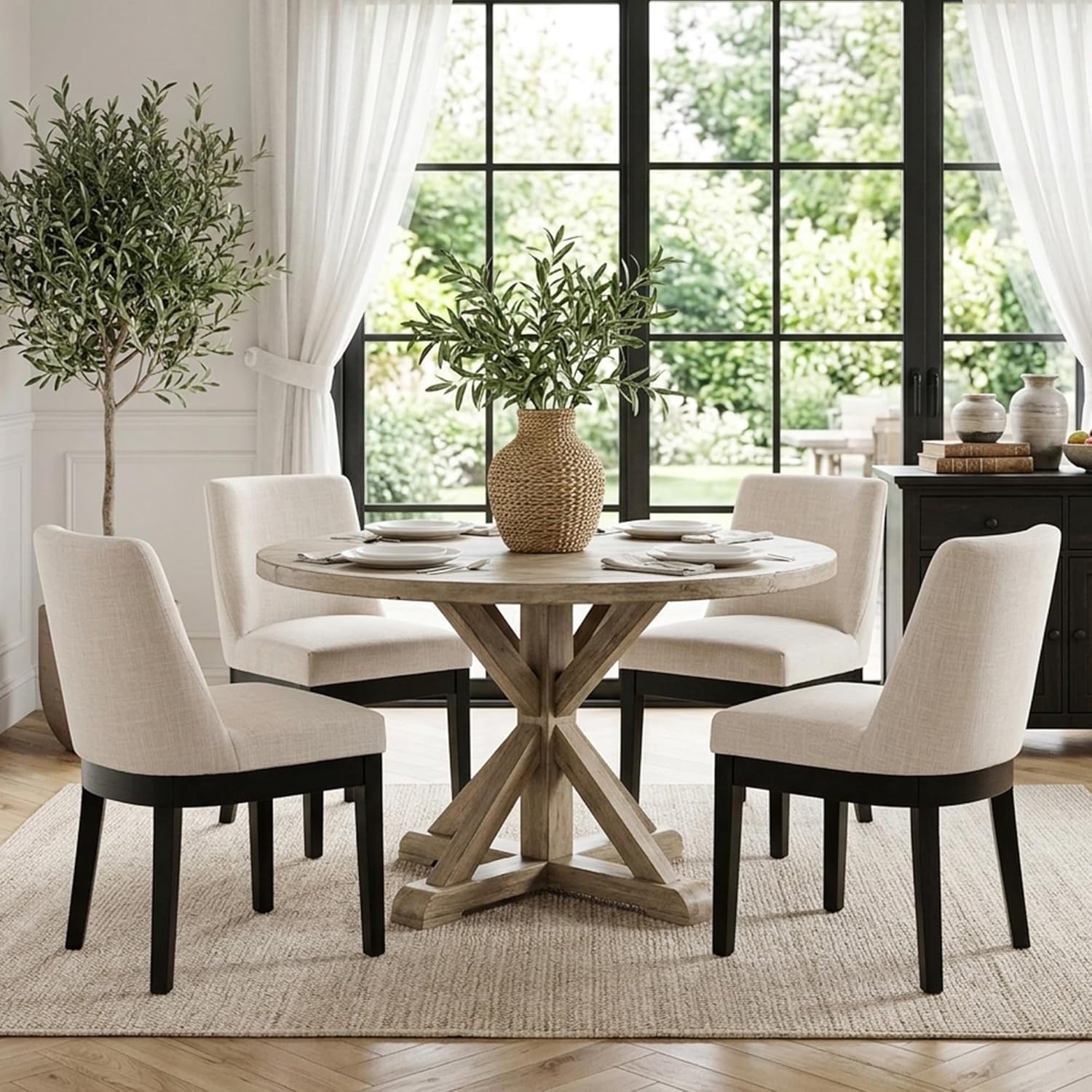 HNY Modern Dining Chairs Set of 2 with Comfortable Back Support, Farmhouse Soft Linen Upholstered Dining Room Chairs with Black Solid Wood Legs, Armless Kitchen Side Chairs for Living Room, Beige