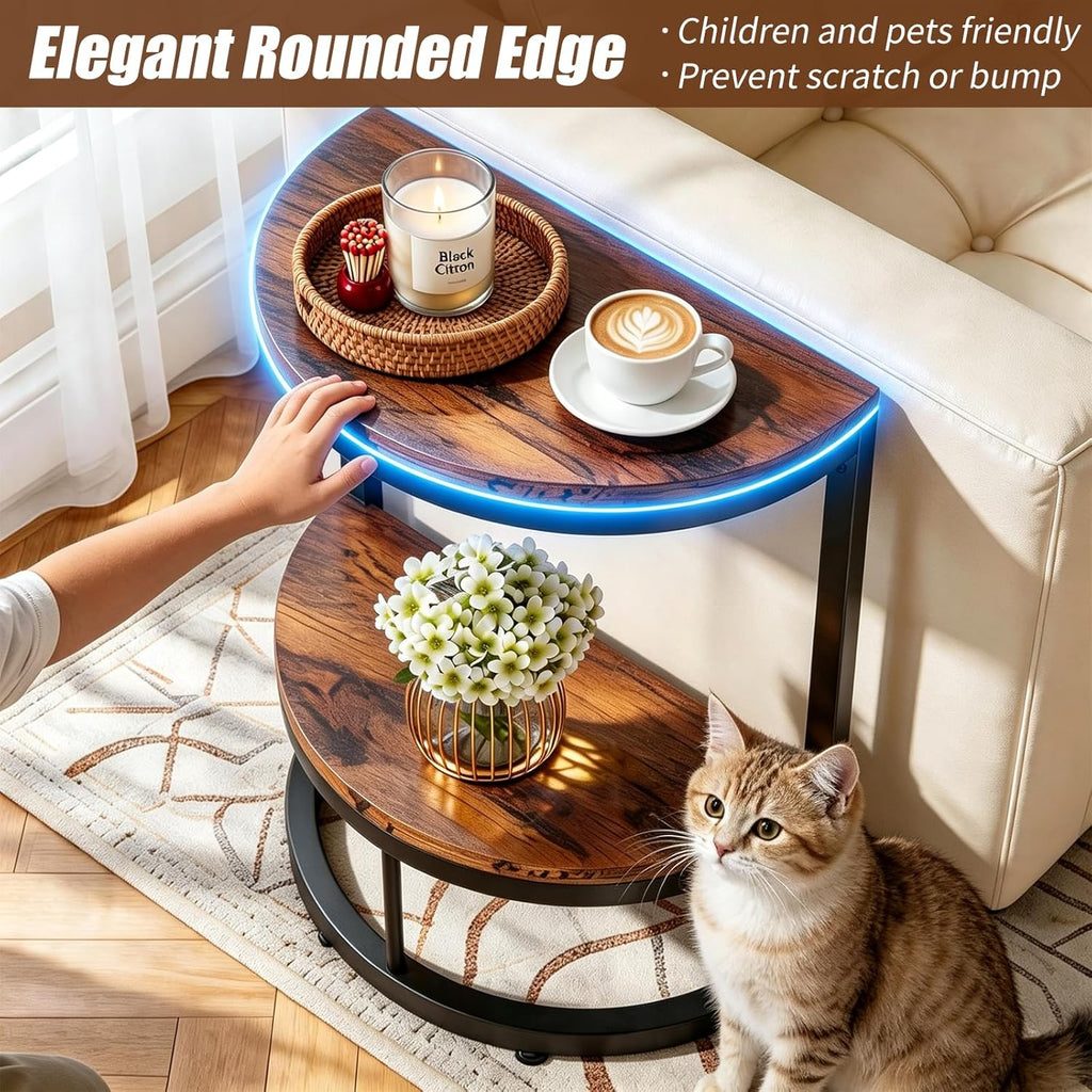 TooCust Half Round End Table for Living Room, 9.8" D x 19.7" W x 24" H, 2-Tier Small Half Circle Table with Storage Shelf, Half Moon Table with Metal Frame, Round Coffee Table for Couch, Bedroom