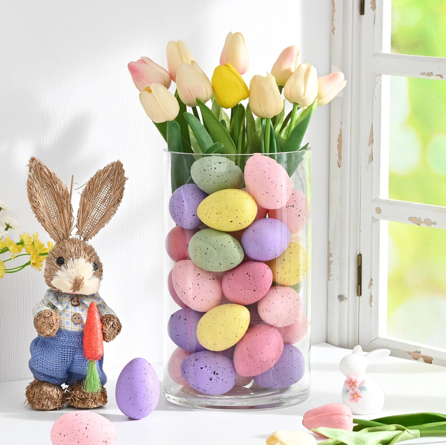 Waipfaru 20 Pcs Easter Eggs, 2.4'' Plastic Speckled Easter Eggs and Vase Filler, Pastel Easter Eggs for DIY Spring Farmhouse Home Table Easter Decorations (Purple, Pink, Yellow, Green)