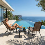 NUU GARDEN Patio Chaise Lounge Set of 3, 2 Textilene Patio Lounge Chairs with Ottoman and 1 Slatted Side Table, All-Weather Outdoor Set for Balcony Deck Yard Poolside, Black and Brown