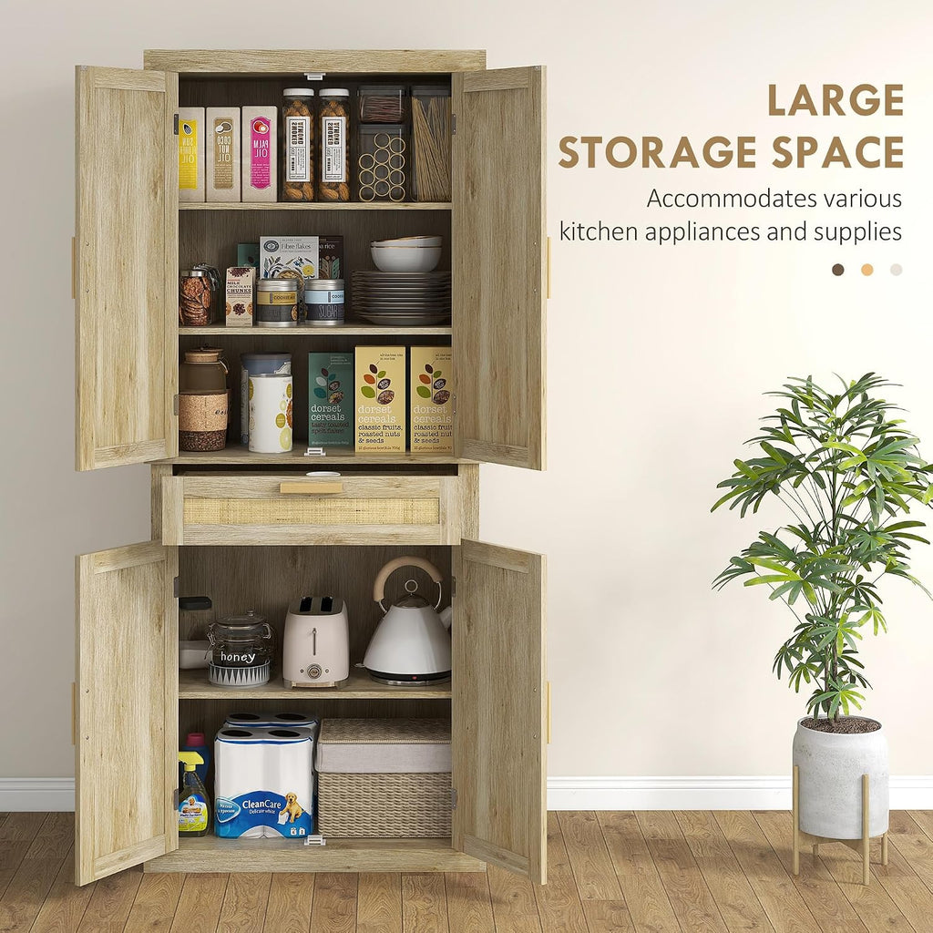 72" Tall Pantry Cabinet with Rattan Decorated Panel, Freestanding Kitchen Storage Cabinet with 4 Doors, Drawer, 5-Tier Shelf and Adjustable Shelves, Oak,15.8 * 30 * 72