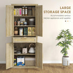 72" Tall Pantry Cabinet with Rattan Decorated Panel, Freestanding Kitchen Storage Cabinet with 4 Doors, Drawer, 5-Tier Shelf and Adjustable Shelves, Oak,15.8 * 30 * 72