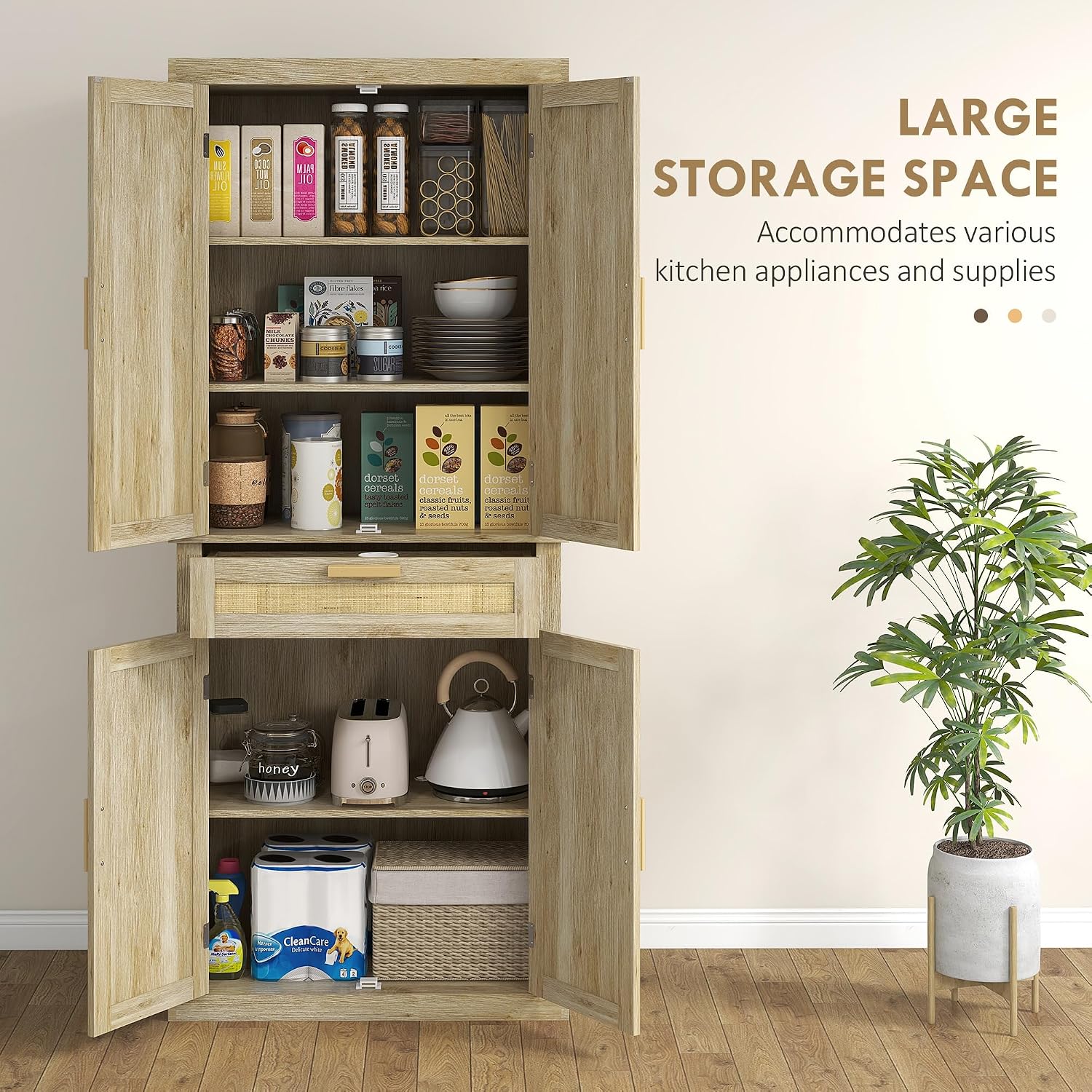 72" Tall Pantry Cabinet with Rattan Decorated Panel, Freestanding Kitchen Storage Cabinet with 4 Doors, Drawer, 5-Tier Shelf and Adjustable Shelves, Oak,15.8 * 30 * 72